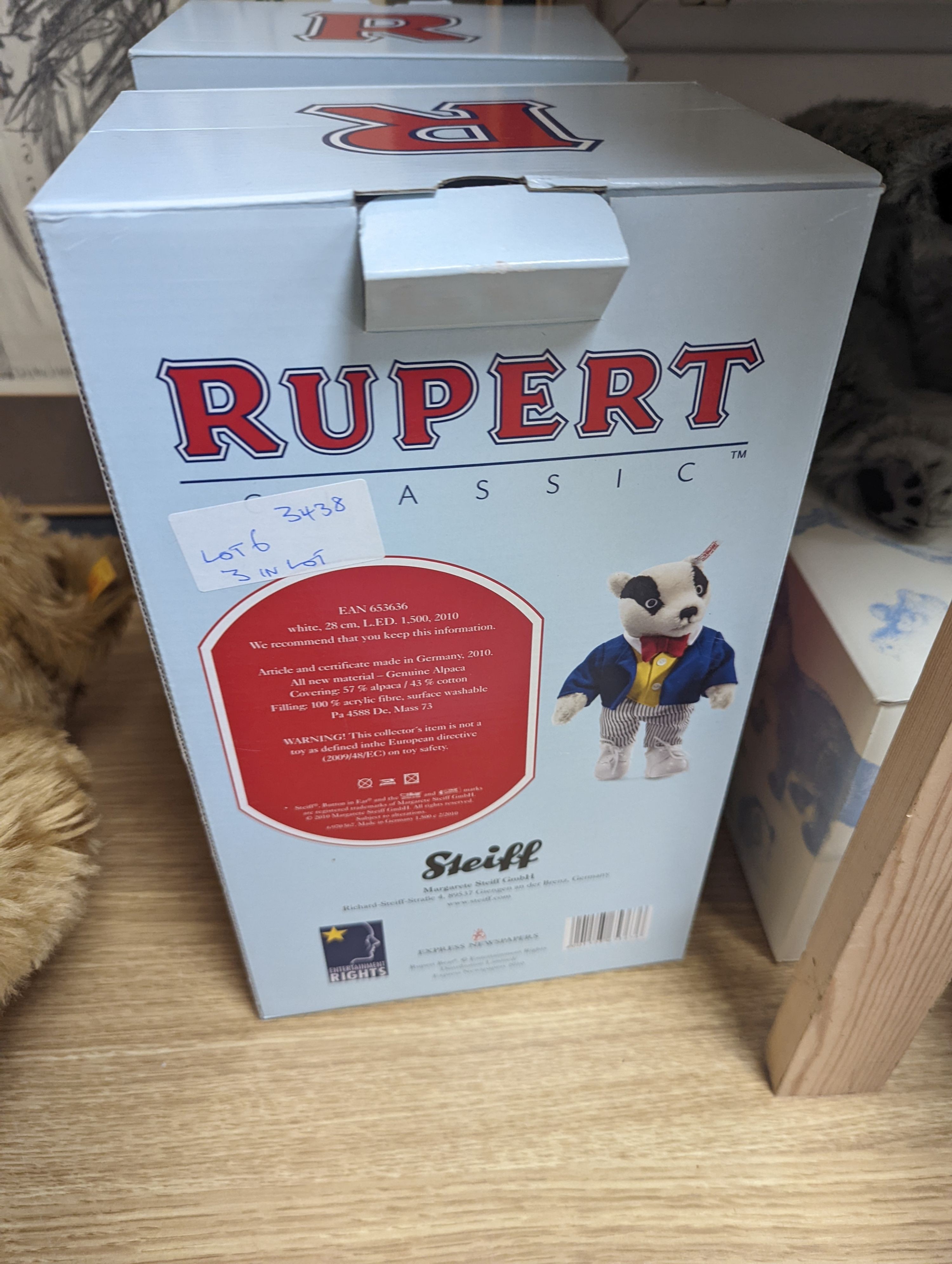 Steiff Classic 1903 bear with Steiff Limited Edition 'Algy' Pug from Rupert Series with Steiff Limited Edition 'Bill the Badger', Rupert Series both with box and certificate, bear 47 cms high.